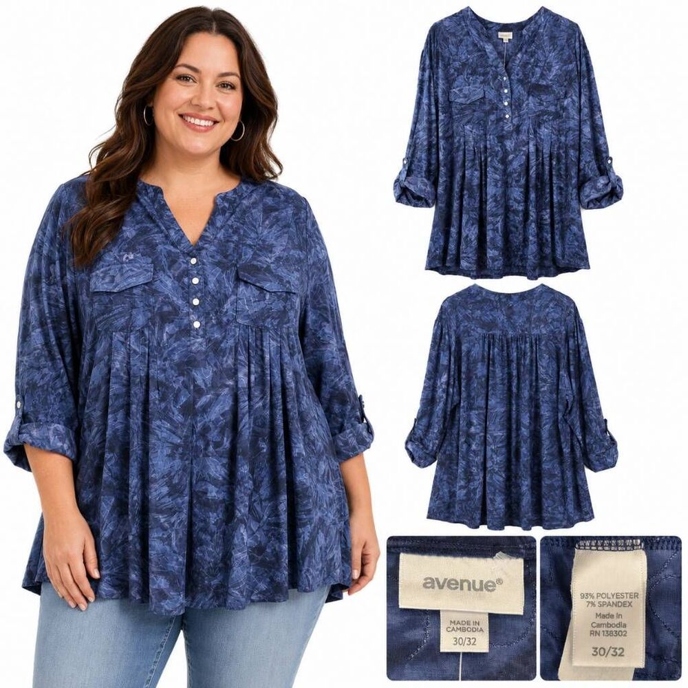 Avenue 30/32 Blue Abstract Henley Swing Tunic Top